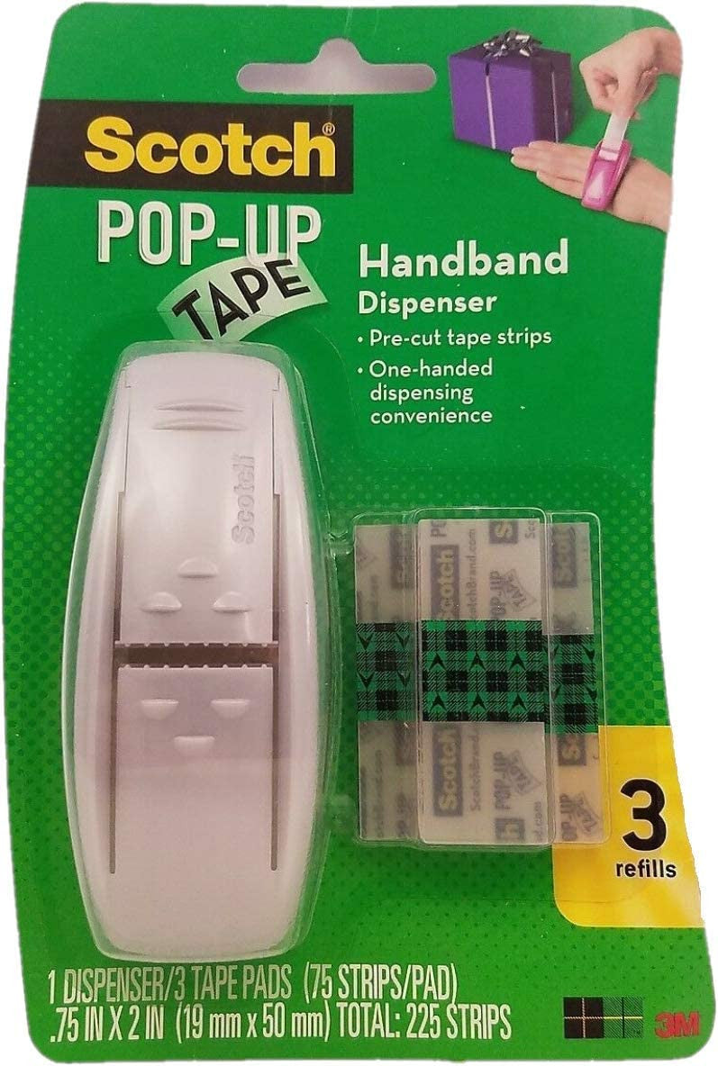 Scotch Pop-Up Tape Handband Dispenser, 3/4 x 2 Inches, 75 Strips/Pad, 3 Pad/Pack (225 strips total) - Grey