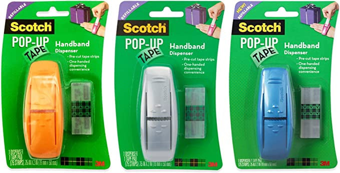 Scotch Pop-Up Tape Handband Dispenser, 3/4 x 2 Inches, 75 Strips/Pad, 3 Pad/Pack (225 strips total) - Blue