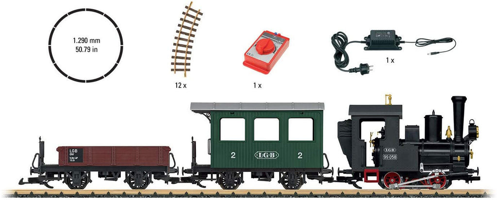 LGB 70502 European Steam Starter Set - LGB 0-4-0T, 2 Cars, Track Circle, Power Pack