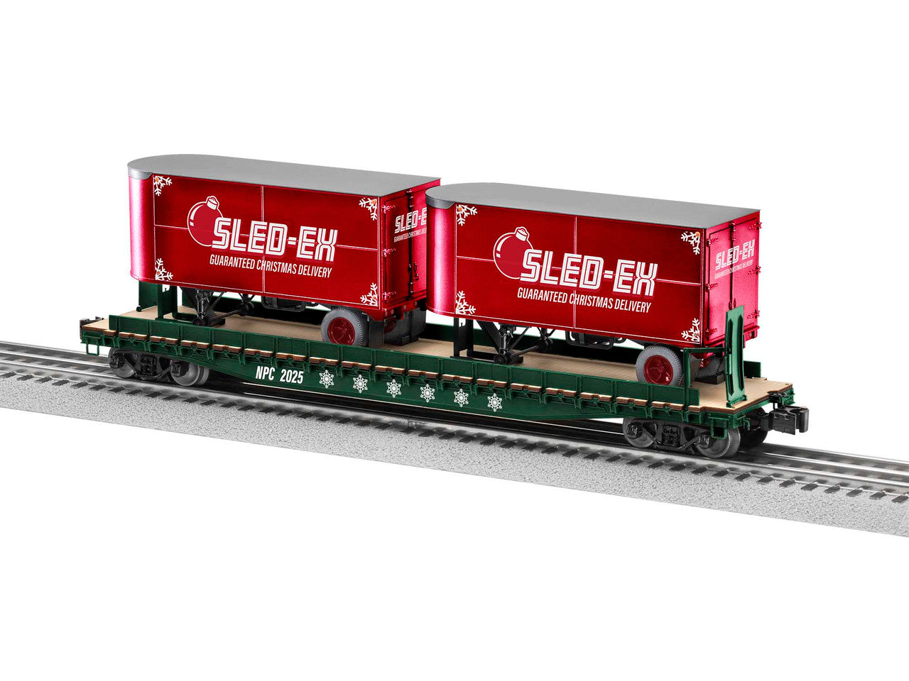 Lionel 2026662 O Gauge 50' Flatcar w/ 20' Trailers North Pole Central / Sled Expr
